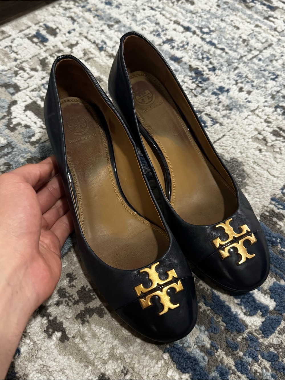 Tory Burch Black Leather Flats with Gold Logo Accent - Picture 2 of 9